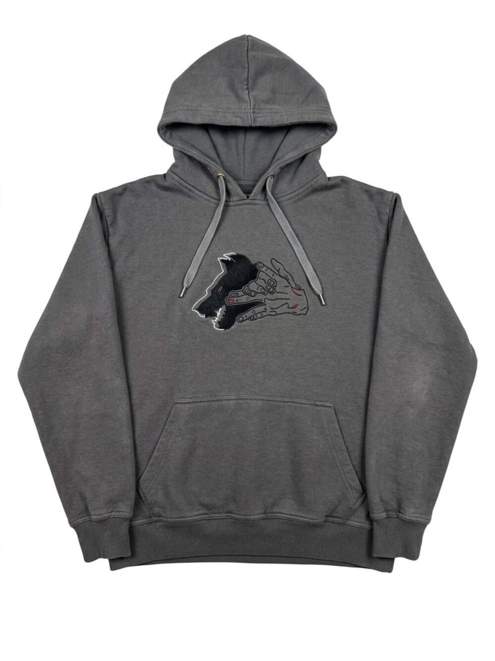 Steady Hands Wolf And Hand Graphic Embroidered Hoodie Charcoal Size S